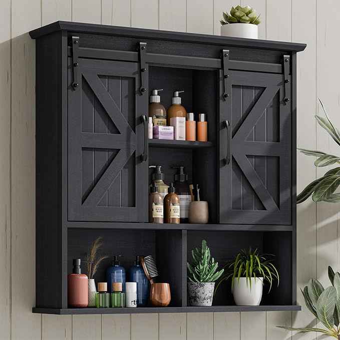 Vabches Bathroom Wall Cabinet, Farmhouse Medicine Cabinet with Double Sliding Barn Door and Adjustable Shelves, Wooden Vintage Storage Cabinet Wall Mounted for Bathroom, Kitchen Dining, Black