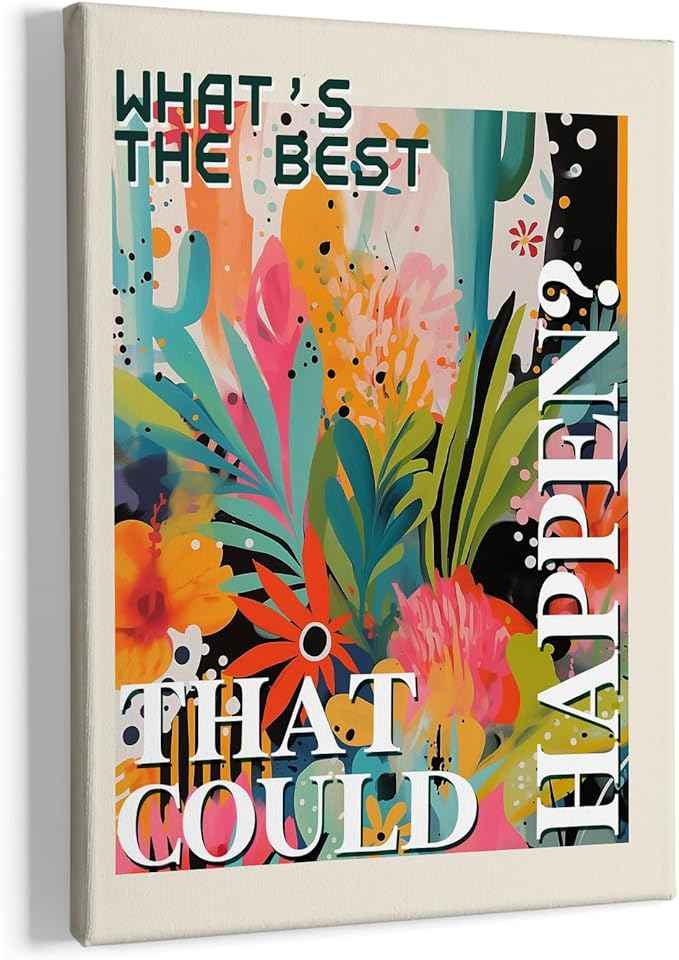 HIWX What's the Best That Could Happen Maximalist Floral Framed Canvas Painting Wall Art Decor, Funky Eclectic Botanical Inspirational Wall Art Home Decoration for Home Bedroom Room, 11x14