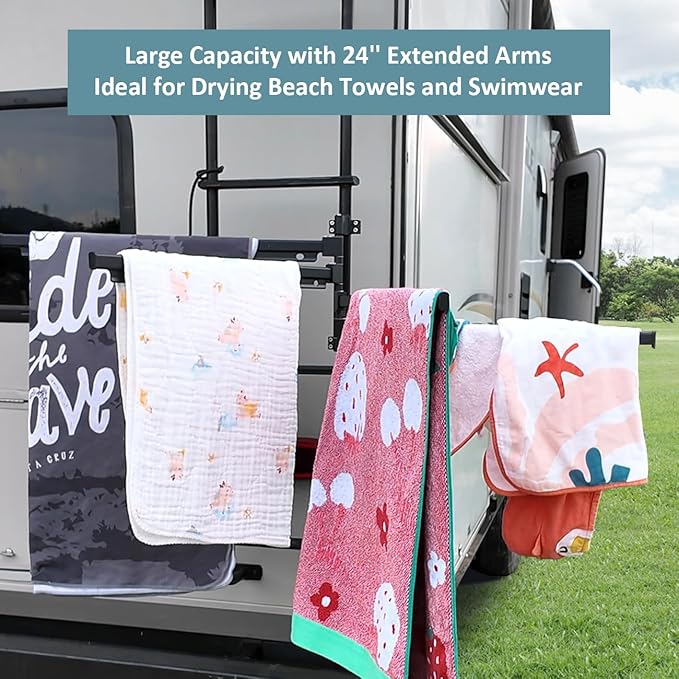RV Ladder Mounted Clothes Drying Rack - Extended Arms, Large Capacity, Must-Have Camper & Travel Trailer Aluminum Accessories