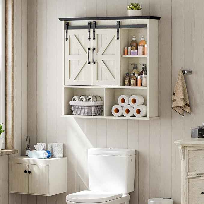 Vabches Bathroom Wall Cabinet, Farmhouse Medicine Cabinet with Double Sliding Barn Door and Adjustable Shelves, Wooden Vintage Storage Cabinet Wall Mounted for Bathroom, Kitchen, White and Black