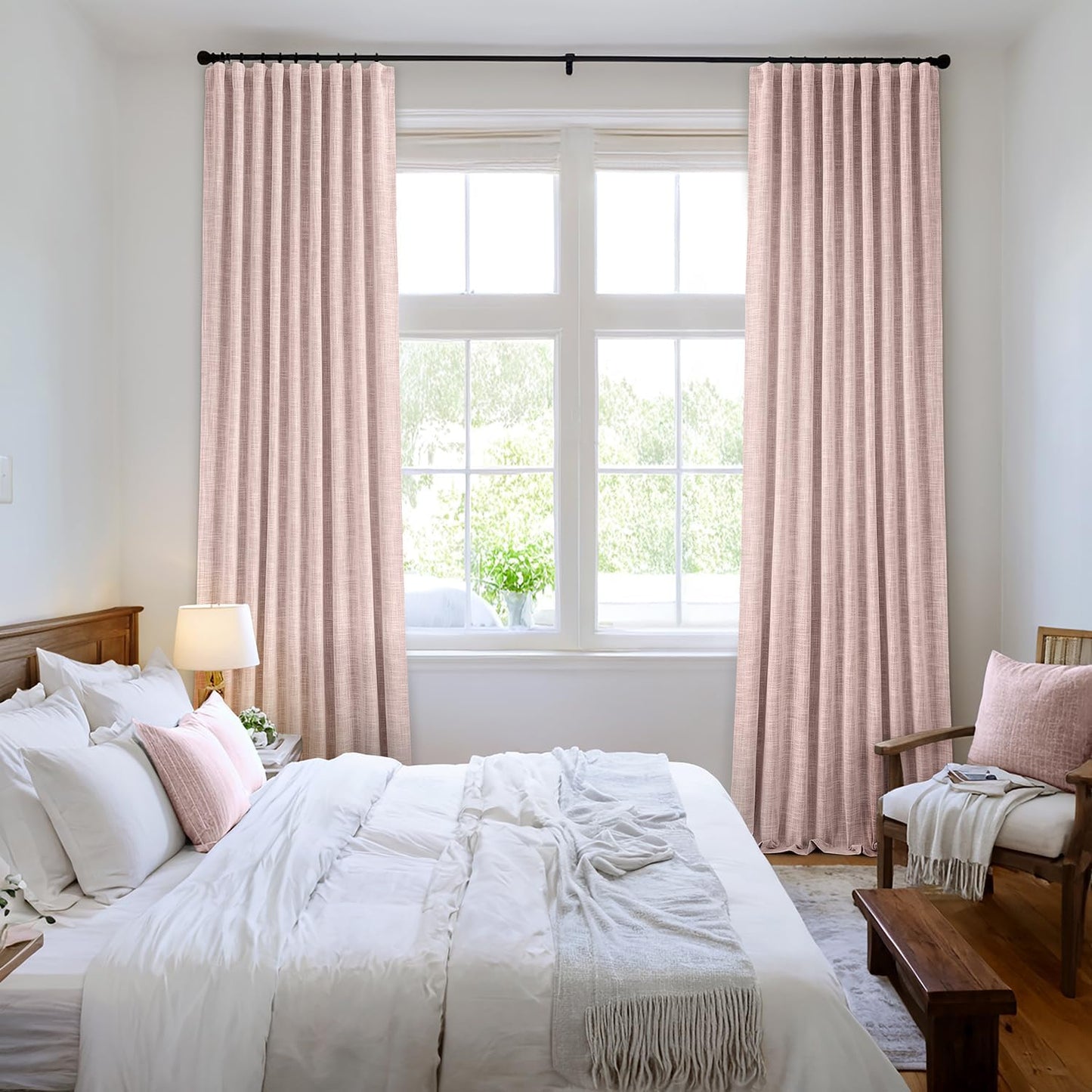 MIULEE Baby Pink 100% Blackout Linen Curtains 96 Inch 2 Panel Set Double Sided No Coating Pinch Pleated Back Tab Floor to Ceiling Black out Thermal Insulated Bedroom Living Room Darkening Window Drape