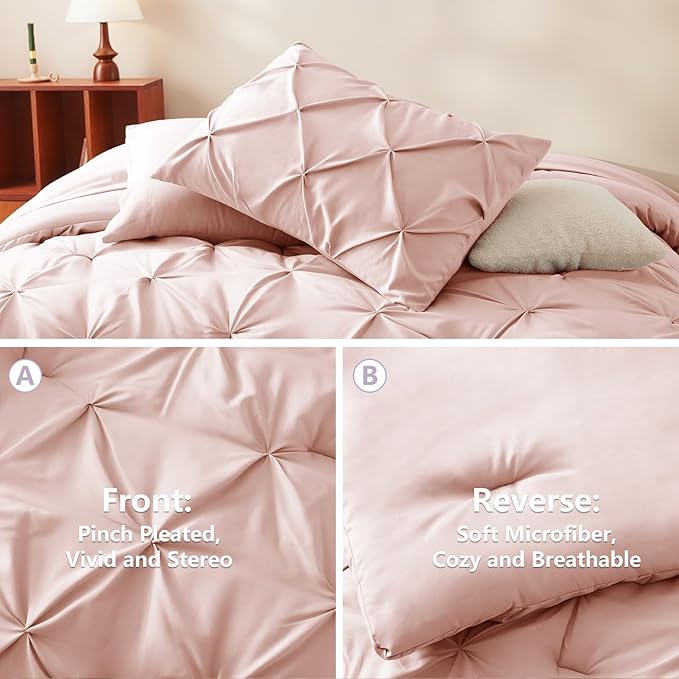 CozyLux Twin Comforter Set with Sheets Blush Pink, 5 Pieces Pintuck Bed in A Bag, Twin Bed Set Gift for Family, Pinch Pleat Bedding Set with Comforter, Sheets, Pillowcase & Sham