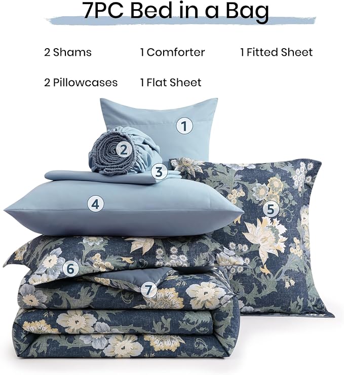 King Comforter Set -7 Pieces Floral Antique Blue Comforter Set for All Seasons, Bed in a Bag King with Botanical Flowers Comforter, Sheets, Pillowcases & Shams