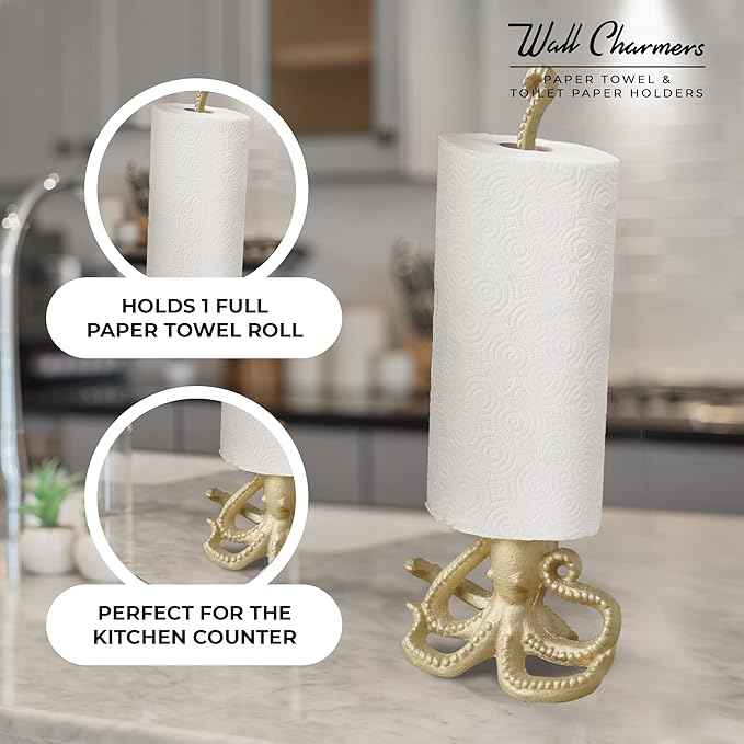 WallCharmers Gold Paper Towel Holder, Metal Toilet or Kitchen Paper Holder for Floor or Countertop, Gold Octopus