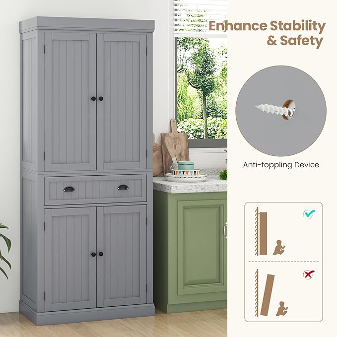 Nightcore Kitchen Pantry Cupboard, 6ft Wood Cupboard w/ 4 Adjustable Shelves, 2 Wood Pantries, & 1 Drawer, Utility Storage Cabinet for Kitchen, Hallway, Living Room, Bathroom (Grey)
