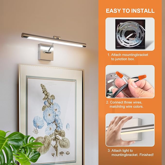 Joosenhouse Single Arm LED Picture Lights 16.53 Inch, Full Metal Artwork Lamp with Rotatable Sconces Lamp Head, 7W (45W Eqv.), Hardwired Connection, 3000K Warm White 560Lm, Brushed Nickel Finish…