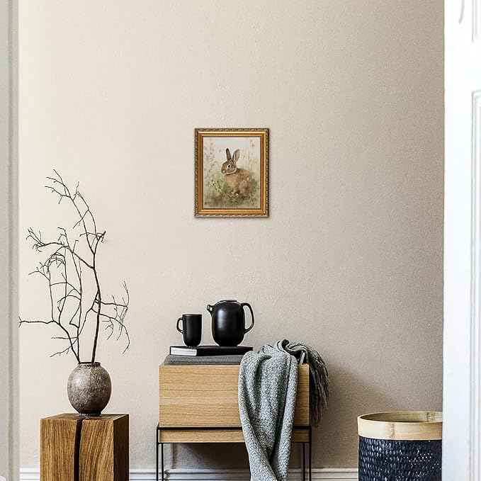 uniro Vintage Gold Framed Wall Art for Home Decor, Farmhouse Decor Easter Bunny Canvas Art Prints Painting, Antique Neutral Rabbit Picture Wall Decor, Rustic Animal Nursery Frame Art for Bedroom, Gallary, Living Room, Office, Cottagecore decor - 8x10Inch
