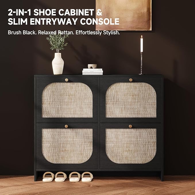 Nicetree Freestanding Arched Rattan Accent Ultra Slim Shoe Cabinet for Entryway - 4 Flip Drawers & 3-Tier Adjustable Shelves, Farmhouse Modern Rustic Shoe Rack for Hallway Foyer Living Room,Black