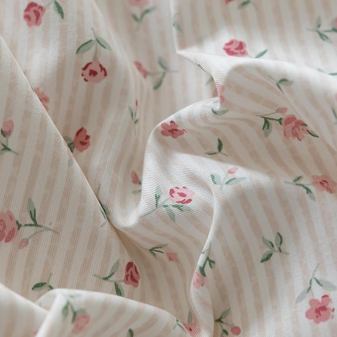 LifeTB Boho Farmhouse Comforter Set Twin XL Botanical Floral Bedding Comforter with 2 Bow Tie Pillowcases Coquette Flowers Comforter Soft Fluffy Cottagecore Floral Stripes Bedding Set for Teen Girls