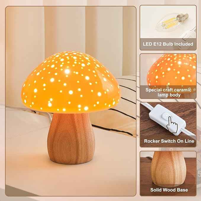 BOHON Mushroom Lamp, Ceramic Bedside Table Lamp for Bedroom Nightstand, Retro Vintage Orange Night Light, Small Aesthetic Lamp for Living Room Desk Home Decor, LED Bulb Included, Orange