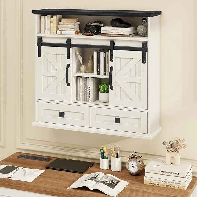 Vabches Bathroom Wall Cabinet, Farmhouse Medicine Cabinet with Double Sliding Barn Door and Storage Drawer, Wooden Vintage Storage Cabinet Wall Mounted for Bathroom, Kitchen, Rustic White and Black