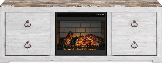 Signature Design by Ashley Entertainment Accessories Vintage 64" TV Stand with Electric Fireplace and LED Lights for TVs up to 72", Whitewash