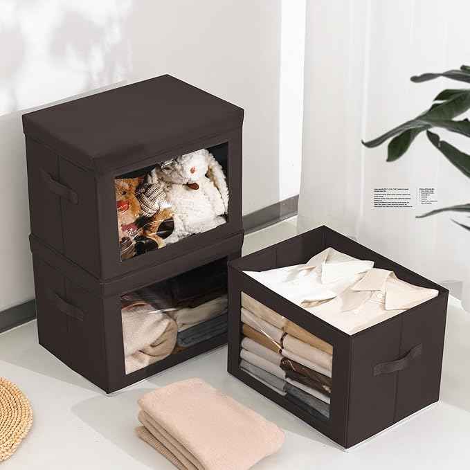 Stackable Storage Bins with Lids - Large Decorative Basket with Lids, Fabric Foldable Closet Organizer Bins, Shelf Organizer for Living Room, Dorm, 5 Pack, Brown