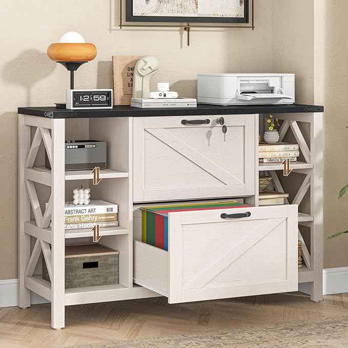 Vabches File Cabinet with 2 Drawers, Farmhouse Lateral File Cabinet Fits Files Letter/A4/Legal Size, Wooden Filing Cabinet with 4 Adjustable Shelves Printer Stand for Home Office, White and Black