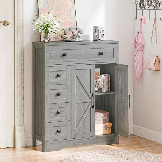 Vabches Farmhouse Storage Cabinet with 2 Doors and 5 Drawers, Freestanding Bathroom Cabinets Kitchen Pantry, Floor Storage Cabinet Hutch Cupboard for Living Room/Bathroom/Kitchen.Wash Grey