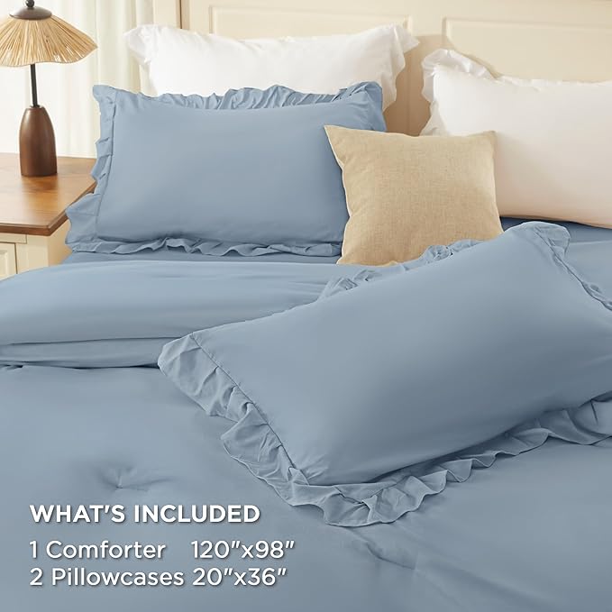 Andency Oversized King Ruffle Comforter Set, 3 Pieces Shabby Chic Farmhouse Bedding Set, Lightweight Soft Comforter Set 120x98 for Girls Women (1 Comforter 2 Pillowcases), Grayish Blue