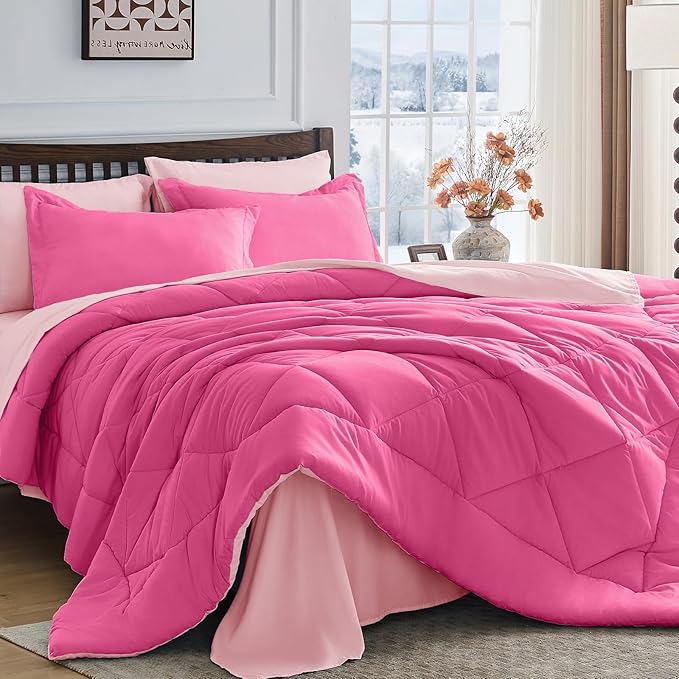 HEVUMYI Hot Pink & Baby Pink King Comforter Set - 7-Piece All Season Bed in a Bag King, Ultra Soft Bedding Set with Comforter, Flat Sheet, Fitted Sheet, Pillowcases, Pillow Shams