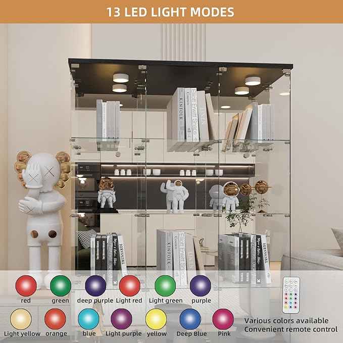 Beauty4U Glass Display Cabinet with LED Lights and Mirror, Extra Large 3 Columns 2 Doors Curio Cabinets with 12 Shelves for Living Room, Bedroom, Office, Black Floor Standing Bookshelf