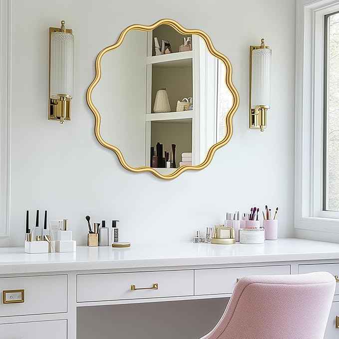 PROHOMEWARE Gold Round Mirror 24 Inch Wavy Bathroom Vanity Mirror Gold Frame Modern Wall Mirror Decorative Wall-Mounte Anti-Rust, Tempered Glass