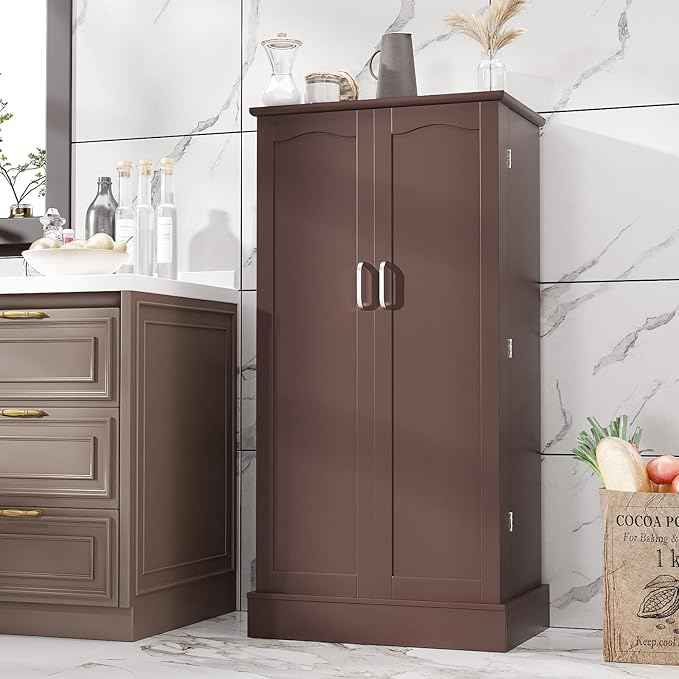47” Pantry Cabinet, Kitchen Pantry Storage Cabinet with Doors & Adjustable Shelves, Brown Freestanding Buffet Cupboards Sideboard for Living Room and Dinning Room, Sturdy and Durable