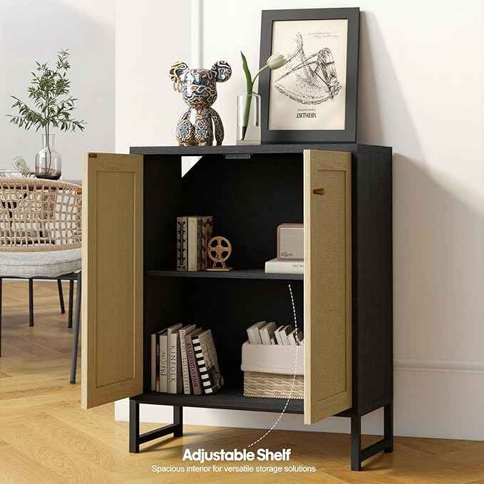 Panana Rattan Decorated 2 Doors Storage Cabinet Accent Cabinet Living Room Cupboard Kitchen Sideboard Buffet Table (Black)