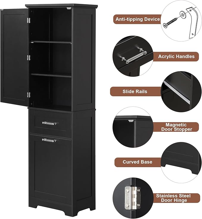 Bathroom Cabinet with Drawers and Doors, Tall Storage Display Organizer, Kitchen Pantry, Black