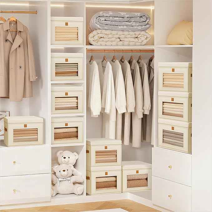 Fabric Storage bins - Collapsible Storage Bins with Open Window, Closet Baskets for Shelves, Stackable Decorative Boxes for Home, Dorm, Beige 6 Pack & 2 Pack