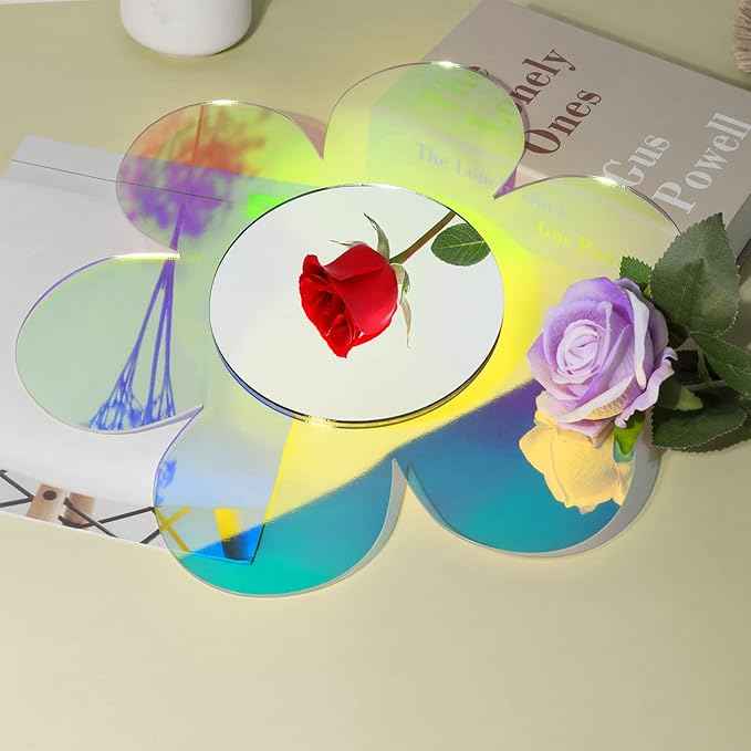 Irregular Wall Mirror Wavy Acrylic Rainbow Mirror Room Decor Aesthetic Mirrors Amorphic Vanity Retro Mirrors for Bedroom Living Room Bathroom Entryway Wall Decor ( Flower Style,12.6 x 11.6 Inches )