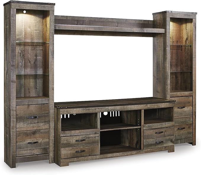 Signature Design by Ashley Trinell Urban 4-Piece Entertainment Center for TVs up to 72" with LED Lights, Dark Brown