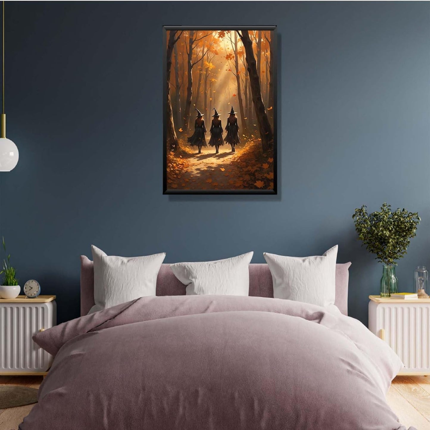 JFHCQJPK Three witches walking in the forest in autumn canvas painting gothic poster halloween print country witch wall art for home decoration16x24in Metal blackFramed