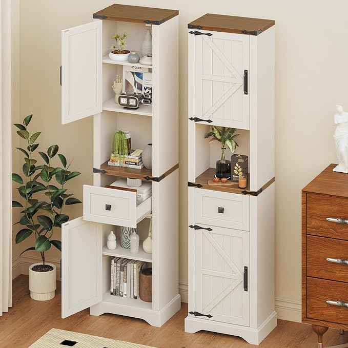 Vabches 66" Tall Farmhouse Bathroom Storage Cabinet with Barn Doors and Drawer, Narrow Storage Unit, Adjustable Shelves & 5-Tier Space, Freestanding Cabinet for Bathroom, Living Room, Kitchen