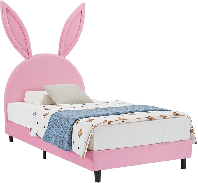 VECELO Twin Size Bed Frame with Storage Organizer, Heavy-Duty Platform with Rabbit Shaped Headboard for Girls Kids Room, Storage Organizer, Easy Assembly, Pink