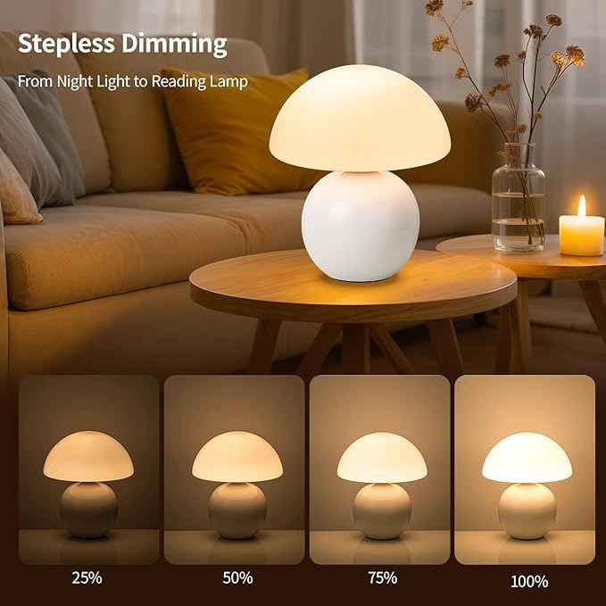 Mushroom Table Lamp, Ceramic Base with Milky White Glass Shade, Vintage Dimmable Bedside Nightstand Lamp for Bedroom, Reading, Home Décor, Gift for Friends White