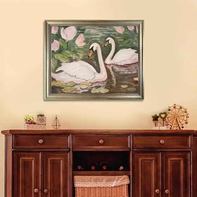 Swan Wall Art Vintage Framed Animal Wall Decor Pink and Green Girls Room Decor Girly Office Canvas Print Painting Home Artwork