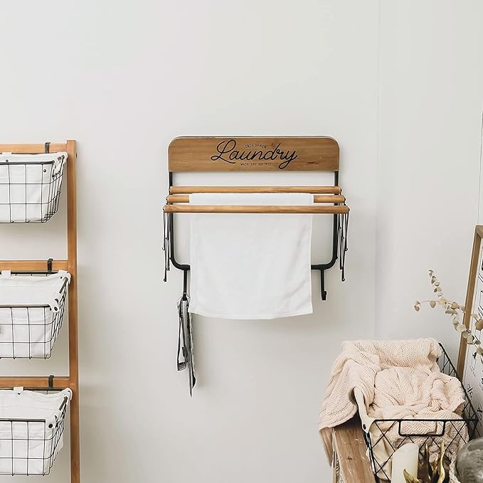 SOFFEE DESIGN Accordion Laundry Rack, Retractable Wall Mounted Racks, 3 Bars & 5 Hooks for Drying Rack Hanging Towels Clothes Save Space Perfect for Laundry Room, Bathroom, Mudroom, Wall Decor