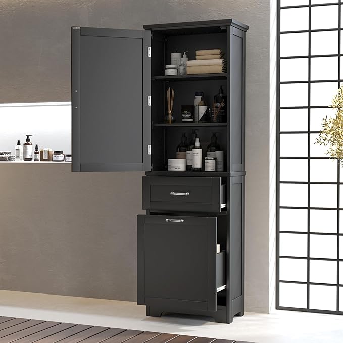 Bathroom Cabinet with Drawers and Doors, Tall Storage Display Organizer, Kitchen Pantry, Black
