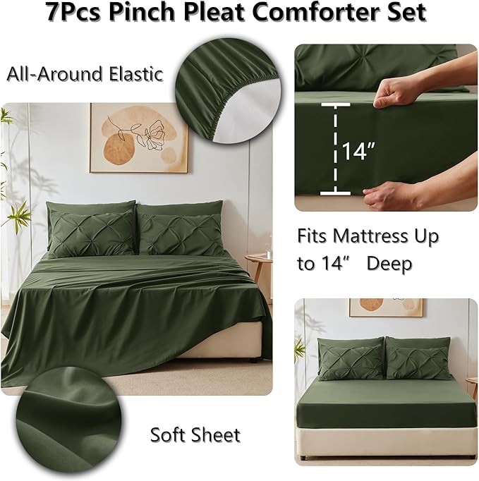 CozyLux California King Comforter Set Olive Green - 7 Pieces Cal King Pintuck Bed in A Bag Gift for Family, Pinch Pleat Bedding Sets with All Season Comforter, Sheets, Pillowcases & Shams