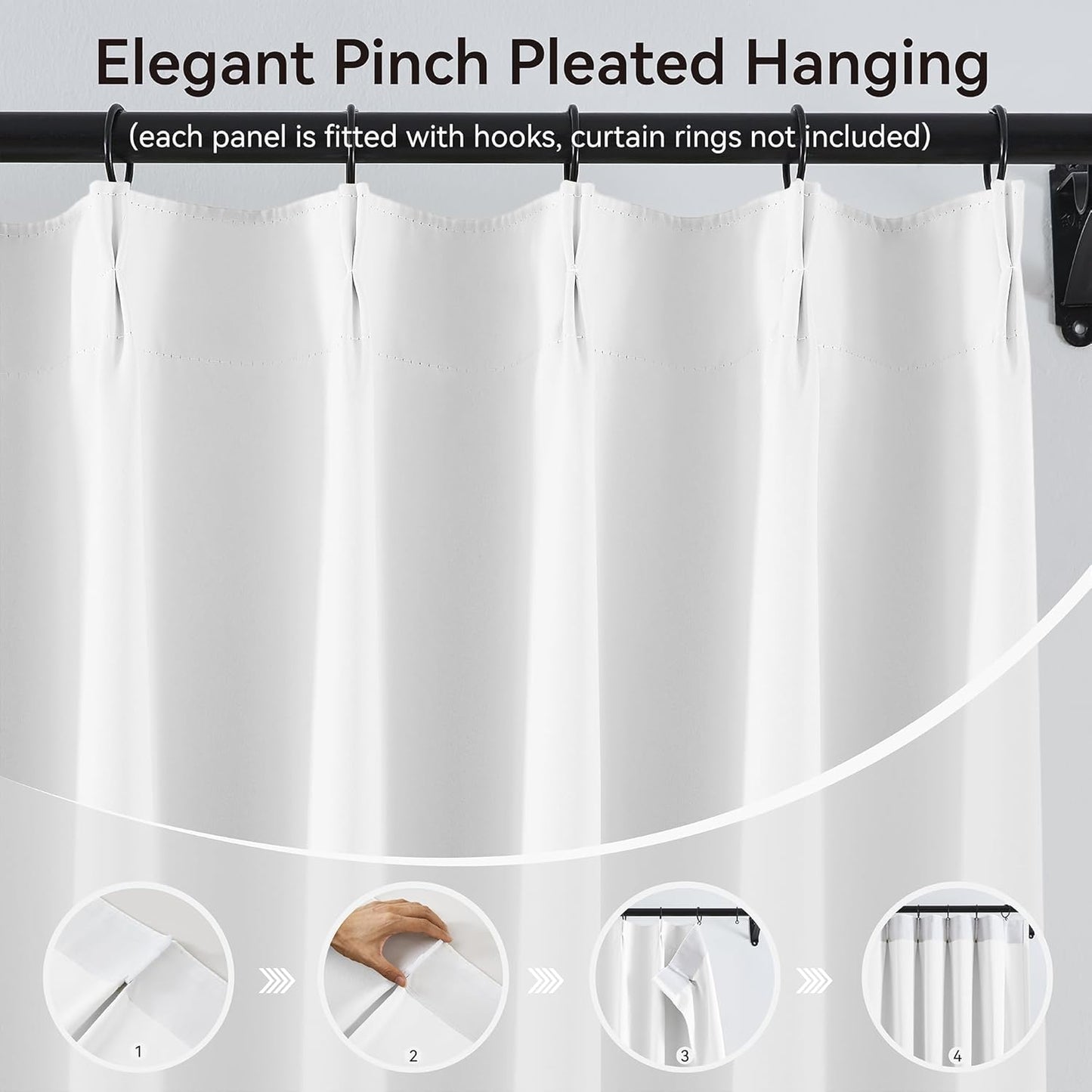 KangBang Pure White Light Reducing Curtains 120 Inches Long, Extra Long Pinch Pleated Thermal Insulated Vertical Solid Window Treatments for Hall Windows Cottage with Hooks, W40xL120,2 Panels