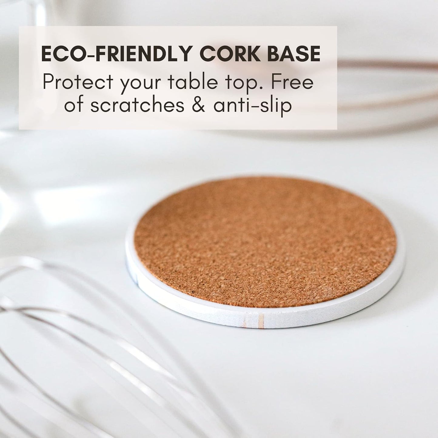 Absorbent Coaster Set of 6 with Holder, Drink Coasters for Coffee Table, Kitchen, Home Decor, Cute Ceramic Round Coasters, Alternative to Silicone, Cork or Glass Coaster (Marble with Black Holder)