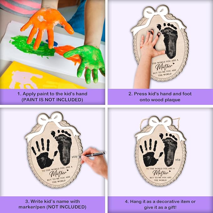 DIY Mothers Day Handprint Craft Wooden Hanging Sign, Baby's First Mothers Day Handprint Keepsake Gift with Bow, 1st New Mom Crafts Birthday Gift from Kids Activity, To The World You Are A Mother - Bow