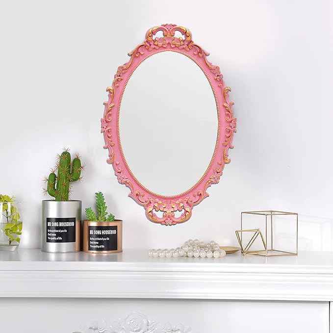 2PACK - Vintage Decorative Pink Framed Mirror, Wall Hanging Mirrors & Tabletop Tray for Bedroom Living Room Dresser Decor, Oval- 9.6" W x 14.3" L (PINK-2PACK)