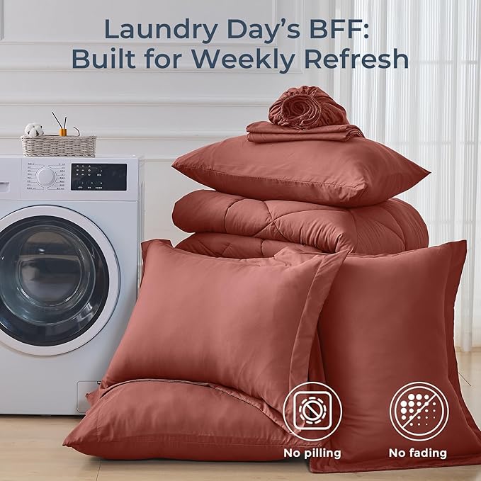 HEVUMYI Terracotta King Comforter Set - 7-Piece All Season Bed in a Bag King, Ultra Soft Bedding Set with Comforter, Flat Sheet, Fitted Sheet, Pillowcases, Pillow Shams