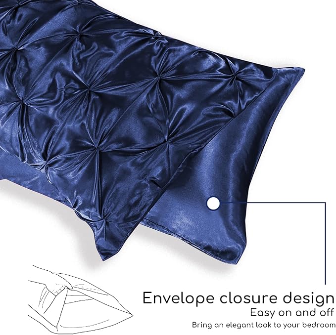 MR&HM Satin Comforter Full 7 Pieces - Luxurious Pinch Pleat Bedding Set with Comforter, Flat Sheet, Fitted Sheet, Pillowcases & Shams, Super Silky Soft Bed Set for All Season (Full, Navy Blue)