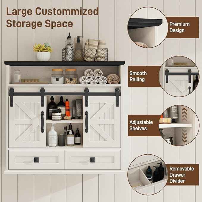 Vabches Bathroom Wall Cabinet, Farmhouse Medicine Cabinet with Double Sliding Barn Door and Storage Drawer, Wooden Vintage Storage Cabinet Wall Mounted for Bathroom, Kitchen, Rustic White and Black