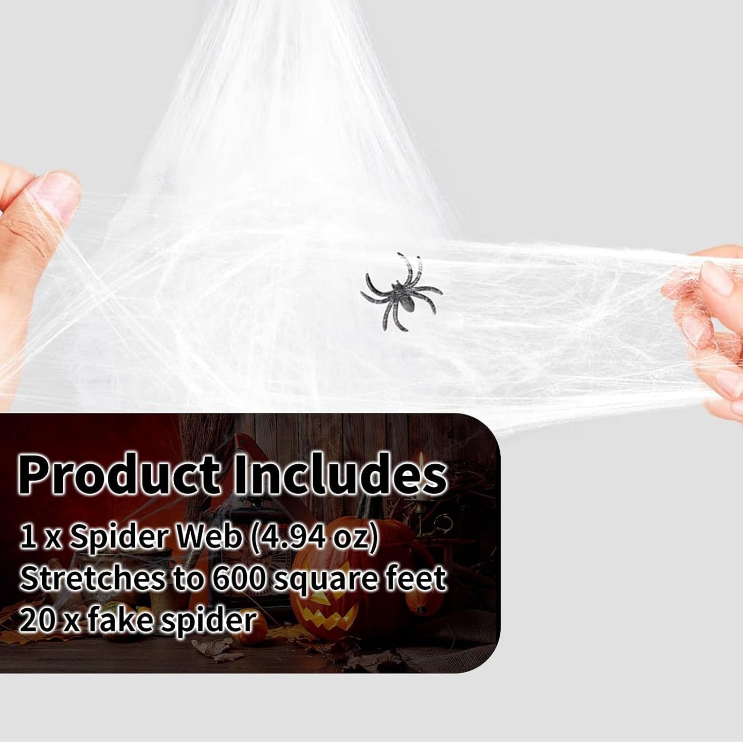 600 sqft Spider Web Halloween Decorations With 20 Fake Spiders - Super Stretch Cobwebs for Party Decor and Supplies