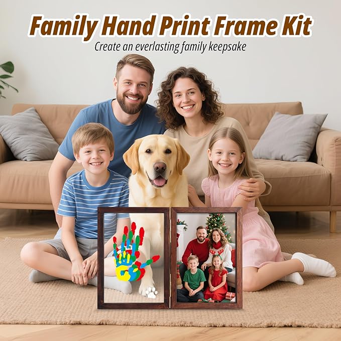 Family Handprint Kit with Light, 5 Non-Toxic Paints, Hand Prints Ornament Keepsake Frame for 4, DIY Craft Gift for New Parents & Mom & Baby, Grandparents, Mother's Day, Father's Day