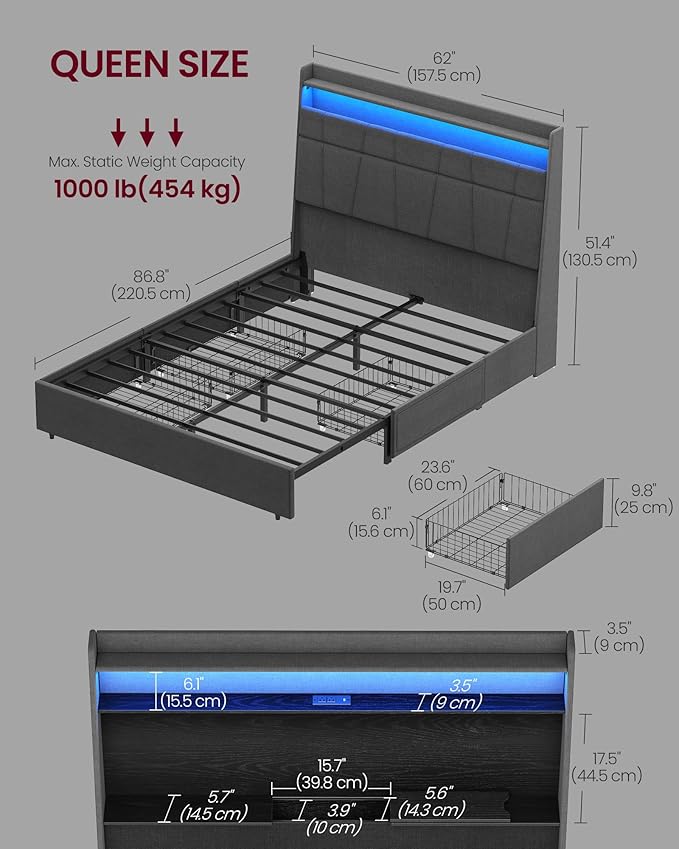 VASAGLE Queen Bed Frame with 51.4 Inch Tall Storage Headboard, Bed Frame Queen Size with 4 Storage Drawers on Wheels, LED Lights, Charging Station, No Box Spring Needed, Modern, Dark Gray URMB891G02