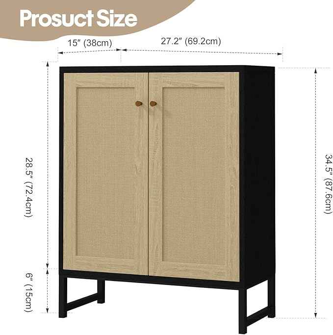 Panana Rattan Decorated 2 Doors Storage Cabinet Accent Cabinet Living Room Cupboard Kitchen Sideboard Buffet Table (Black)