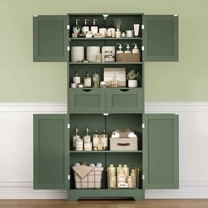 Iwell 58" H Tall Bathroom Storage Cabinet with 2 Drawers & 2 Adjustable Shelves, Bathroom Cabinet with 4 Doors, Tall Cabinet for Living Room, Dining Room, Entryway, Forest Green