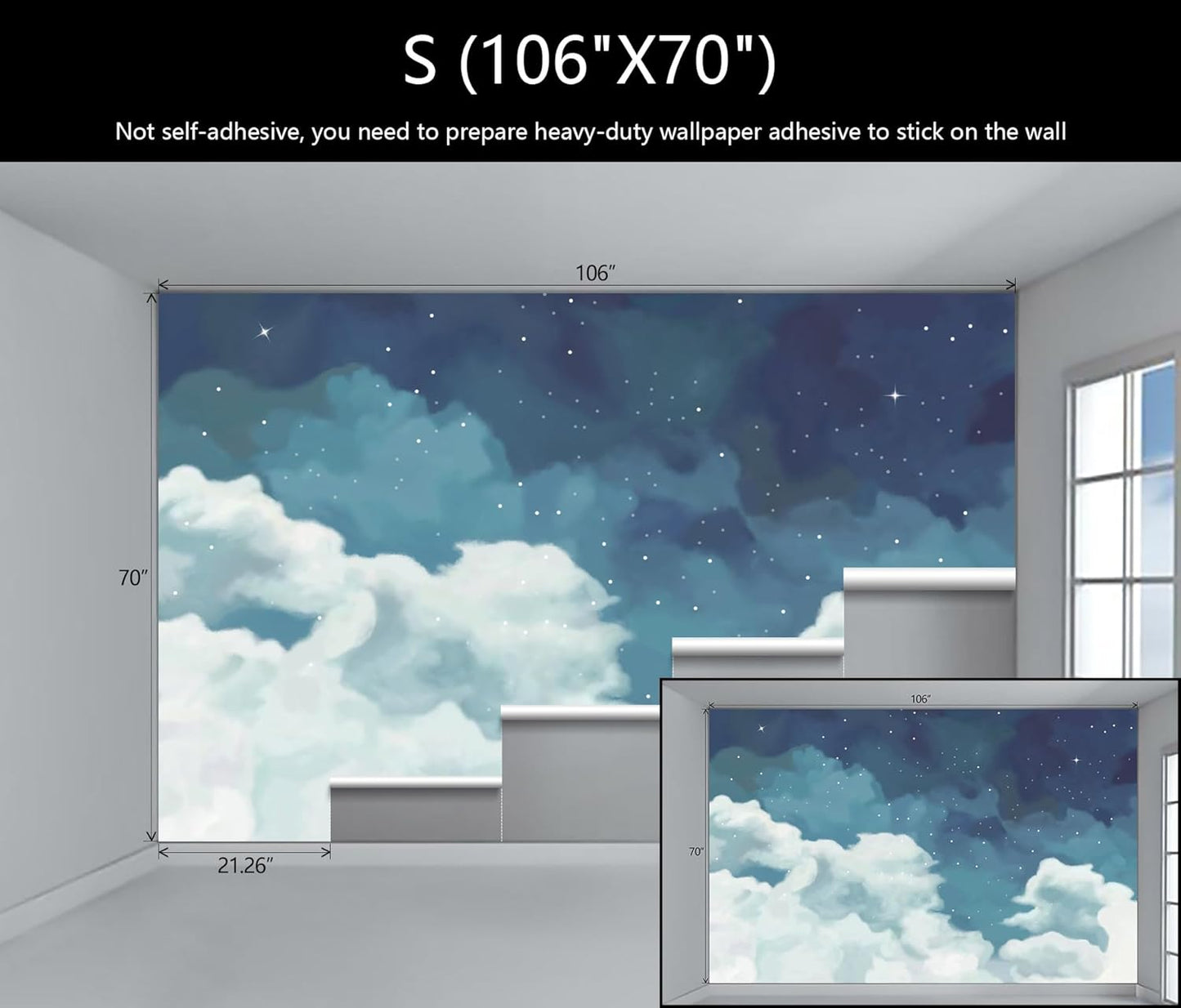WFBHUA-Vintage Cloud Wallpaper Hand Painted Blue and White Clouds Stars Kids Wall Murals Decor for Bedroom Room(Not Peel and Stick)